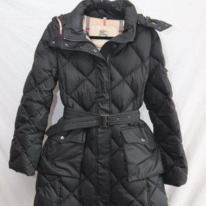 Burberry Black Down Filled Quilted Hooded Coat Jacket size Large